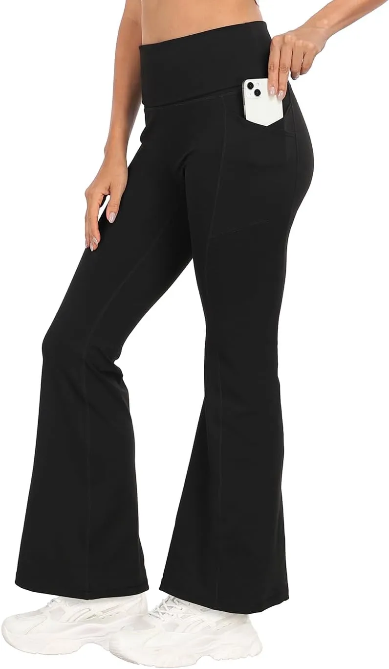HDE Women's Fold Over Yoga Pants with Pockets High Waist Flare Workout Leggings
