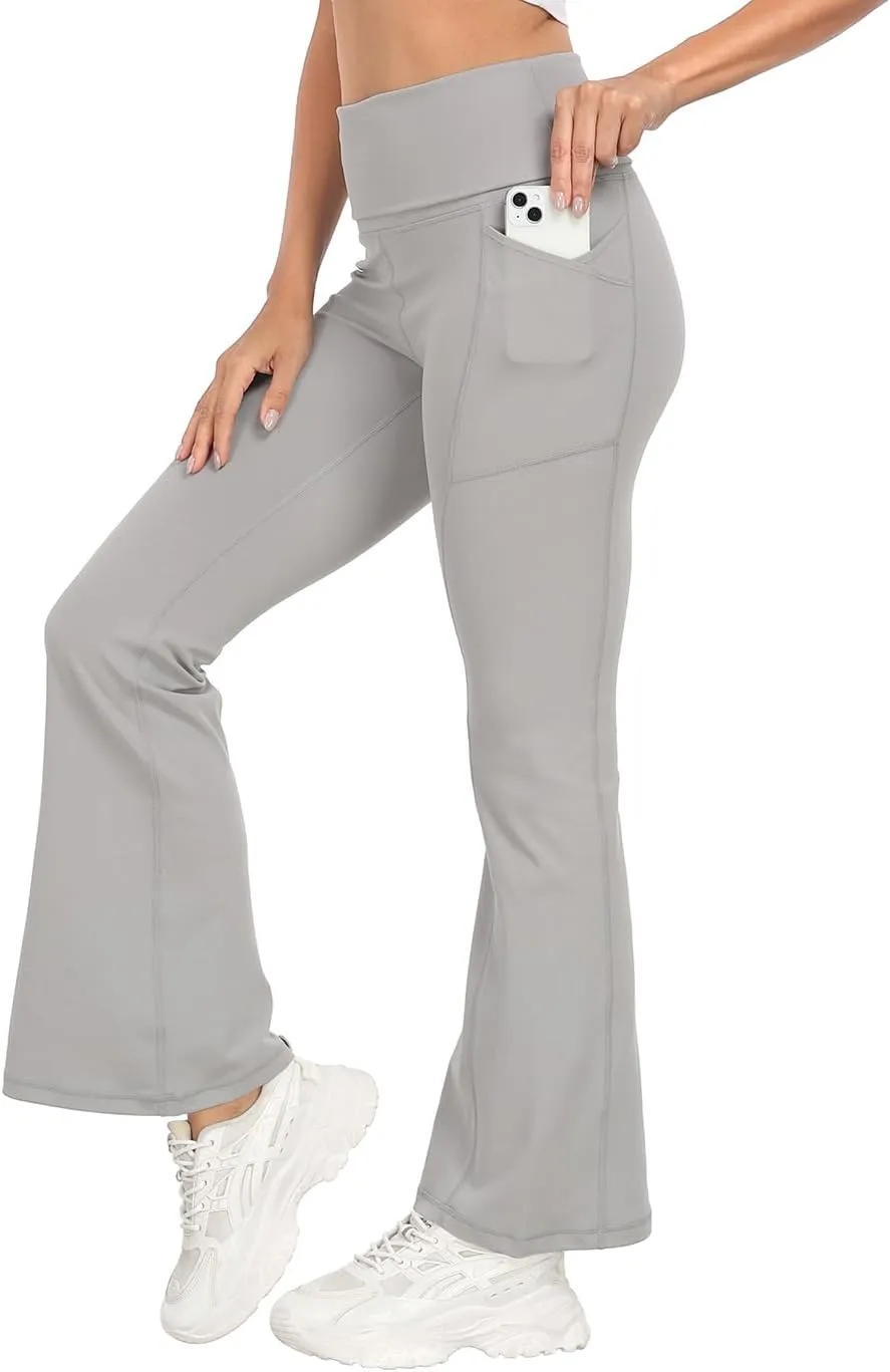 HDE Women's Fold Over Yoga Pants with Pockets High Waist Flare Workout Leggings