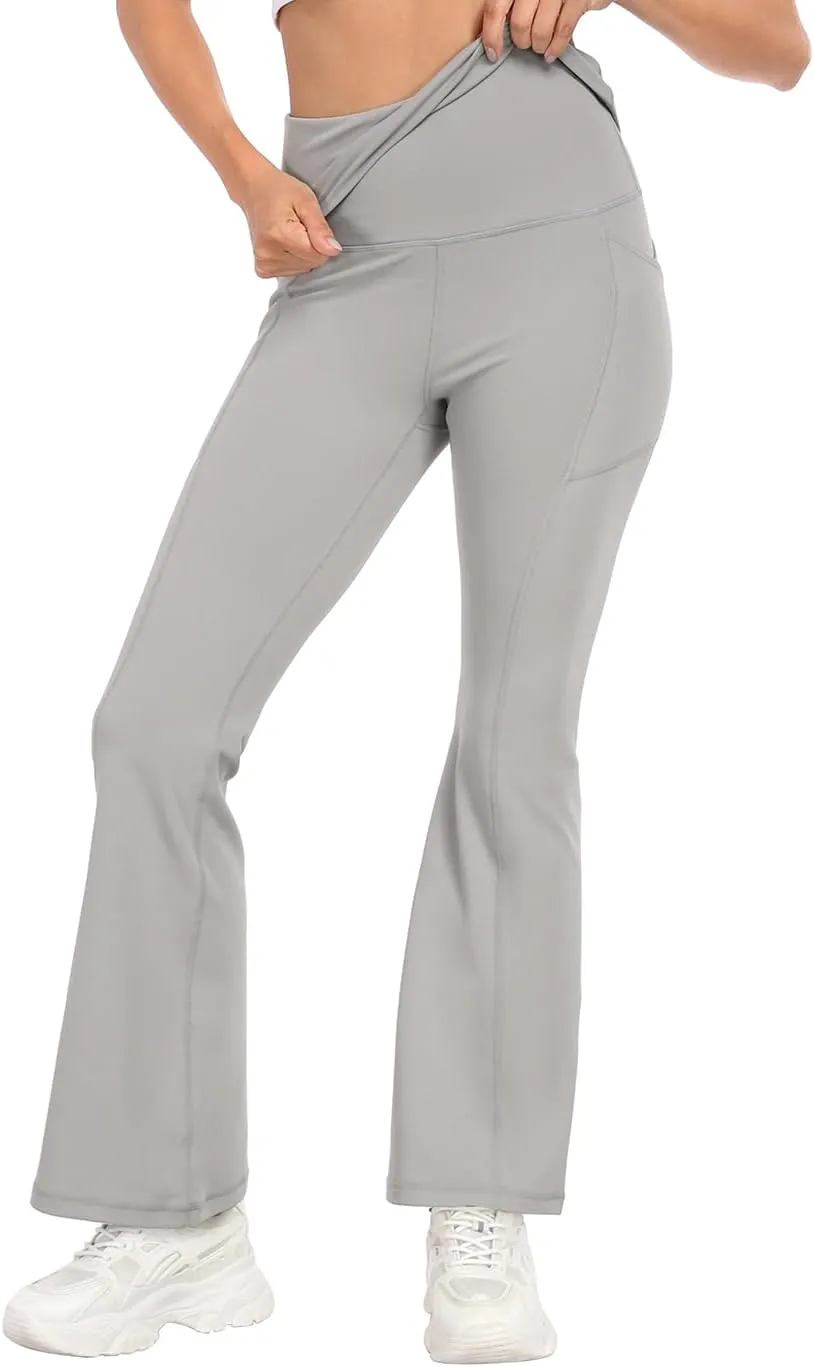 HDE Women's Fold Over Yoga Pants with Pockets High Waist Flare Workout Leggings