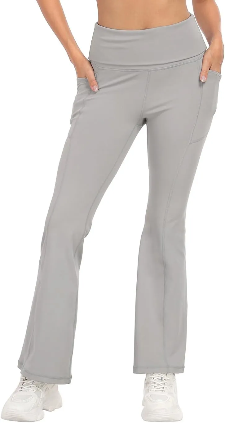 HDE Women's Fold Over Yoga Pants with Pockets High Waist Flare Workout Leggings