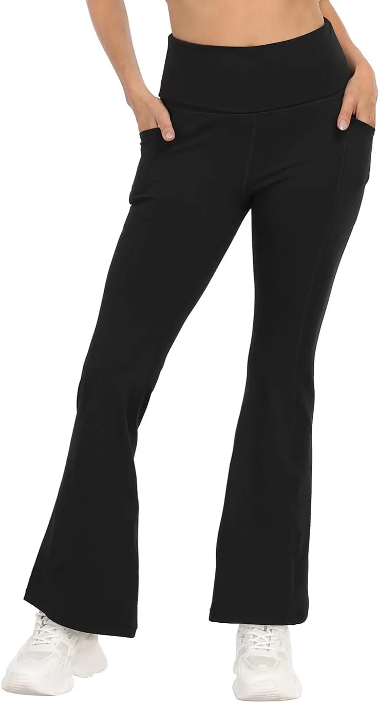 HDE Women's Fold Over Yoga Pants with Pockets High Waist Flare Workout Leggings