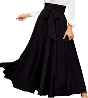 HGps8w Flowy Maxi Skirts for Women Vintage Solid Color Tie Waist A-Line Swing Casual Skirt Elegant High Waisted Long Skirt
