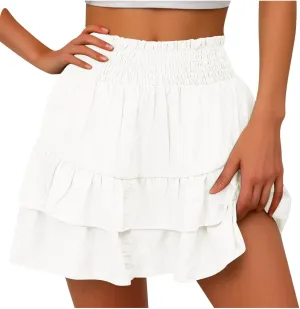 High Waisted Skirt for Women Ruffle Hem Flowy Stretchy Summer Mini Skirt Casual A Line Swing Beach Mini Short Skirt