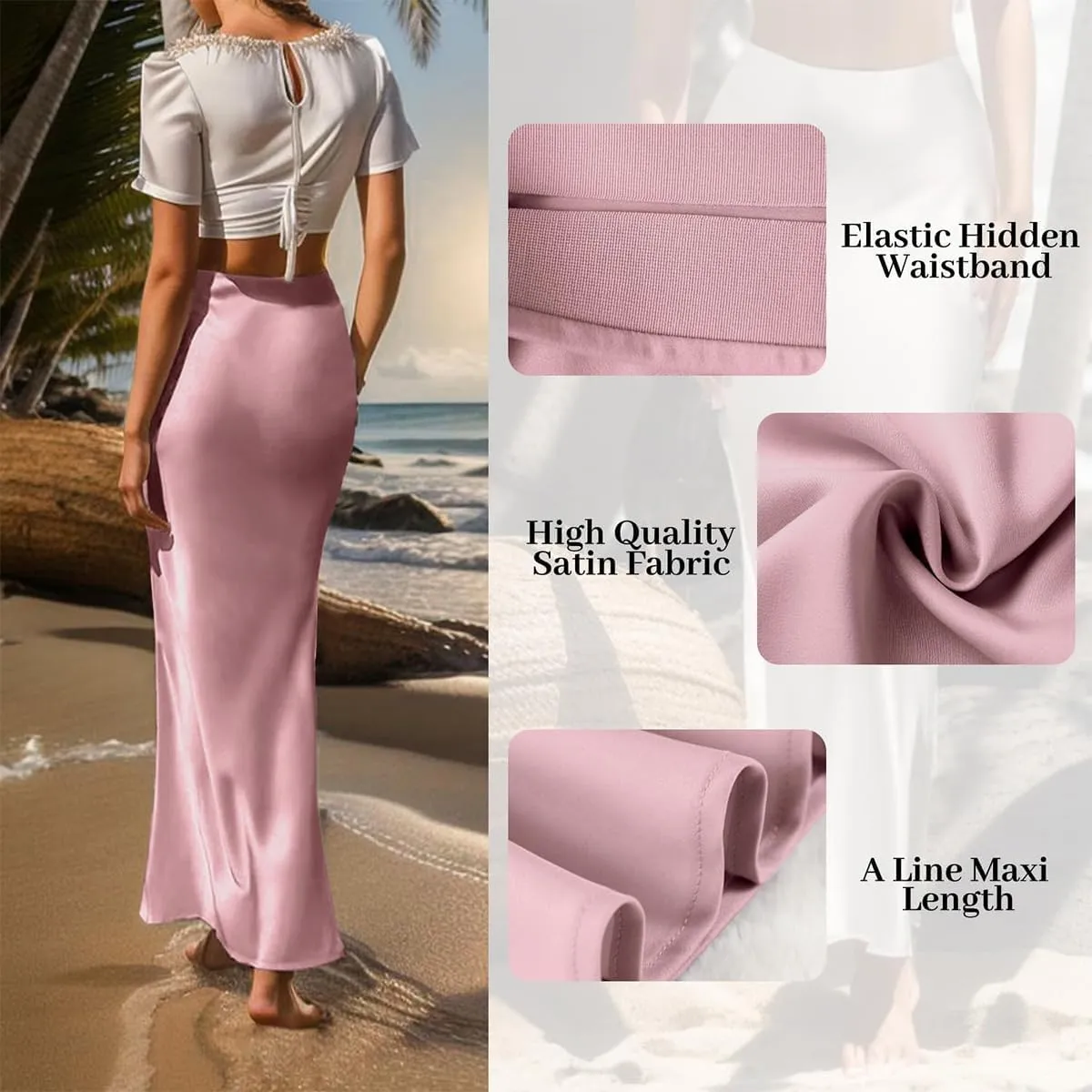 IDOPIP Women High Waist Satin Skirt Elegant Summer Long Maxi Skirt Formal Trendy Ruffle Work Skirts Elastic Casual Midi Skirt