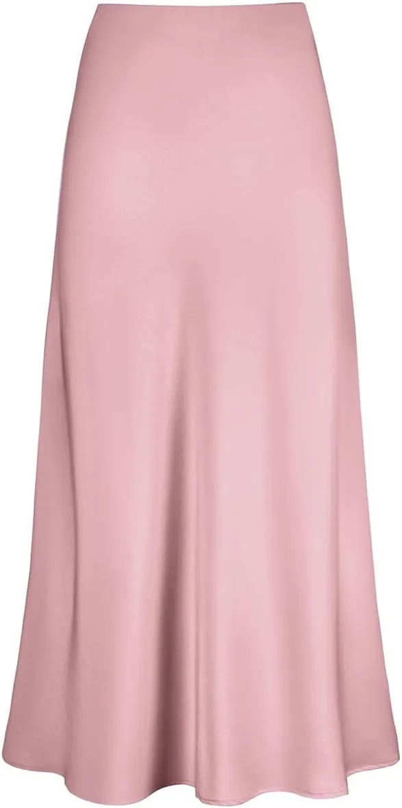 IDOPIP Women High Waist Satin Skirt Elegant Summer Long Maxi Skirt Formal Trendy Ruffle Work Skirts Elastic Casual Midi Skirt