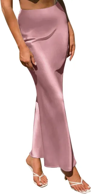 IDOPIP Women High Waist Satin Skirt Elegant Summer Long Maxi Skirt Formal Trendy Ruffle Work Skirts Elastic Casual Midi Skirt