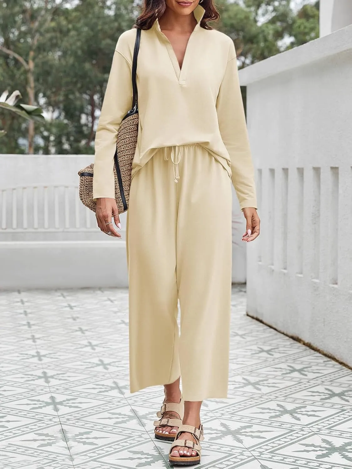 Imily Bela Womens 2 Piece Outfits Sweatsuit Long Sleeve V Neck Shirt Wide Leg Cropped Pants Lounge Set Tracksuit