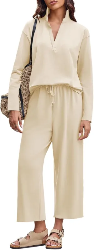 Imily Bela Womens 2 Piece Outfits Sweatsuit Long Sleeve V Neck Shirt Wide Leg Cropped Pants Lounge Set Tracksuit