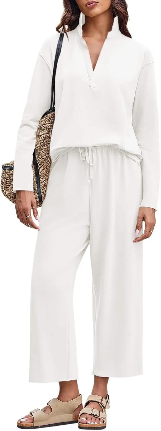 Imily Bela Womens 2 Piece Outfits Sweatsuit Long Sleeve V Neck Shirt Wide Leg Cropped Pants Lounge Set Tracksuit