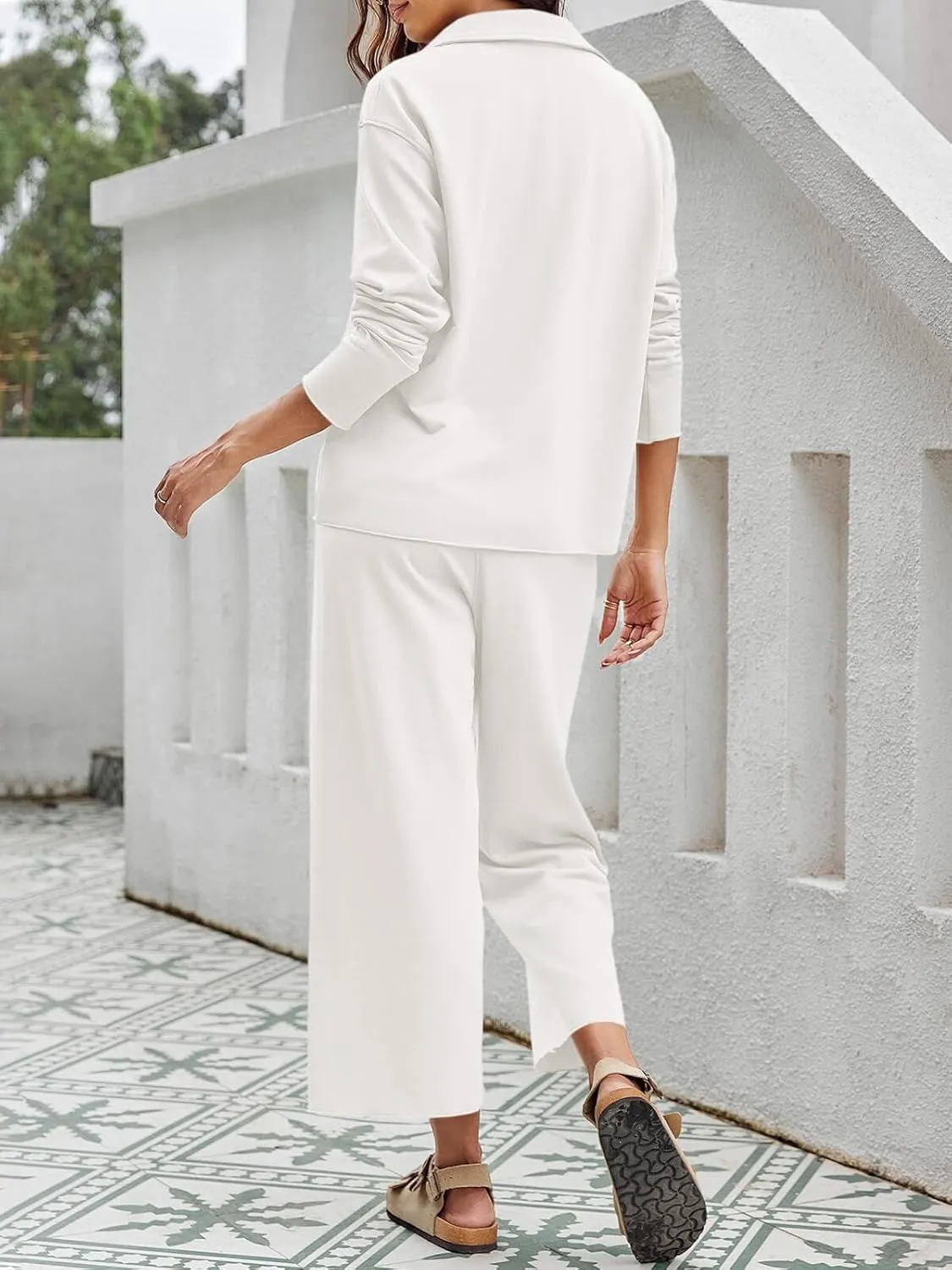 Imily Bela Womens 2 Piece Outfits Sweatsuit Long Sleeve V Neck Shirt Wide Leg Cropped Pants Lounge Set Tracksuit