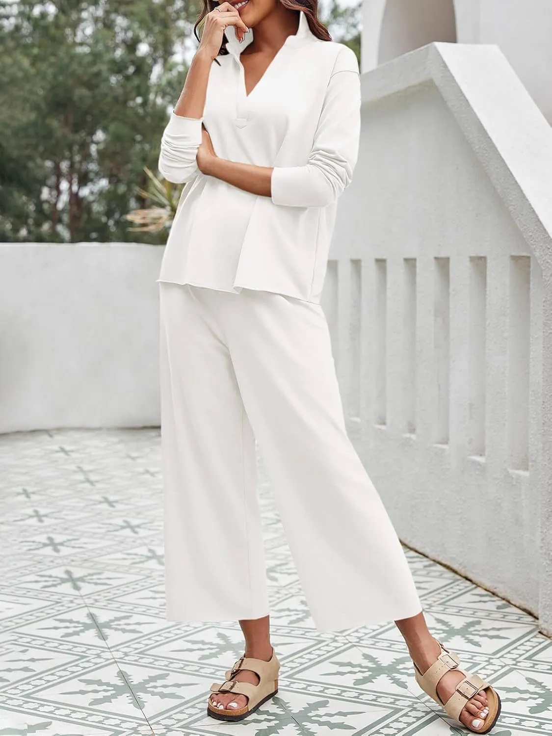 Imily Bela Womens 2 Piece Outfits Sweatsuit Long Sleeve V Neck Shirt Wide Leg Cropped Pants Lounge Set Tracksuit