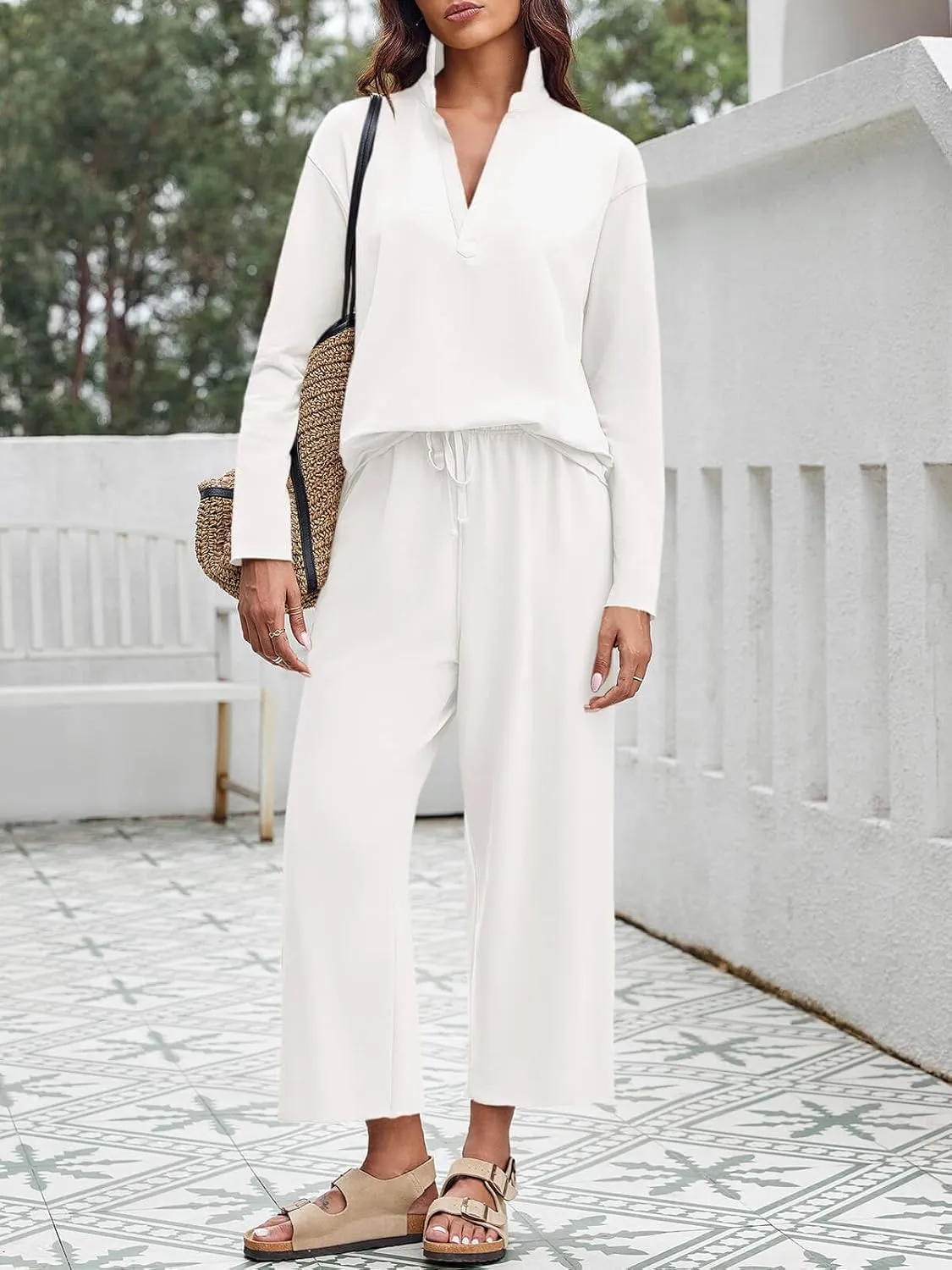 Imily Bela Womens 2 Piece Outfits Sweatsuit Long Sleeve V Neck Shirt Wide Leg Cropped Pants Lounge Set Tracksuit