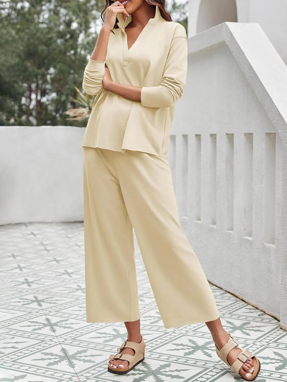 Imily Bela Womens 2 Piece Outfits Sweatsuit Long Sleeve V Neck Shirt Wide Leg Cropped Pants Lounge Set Tracksuit