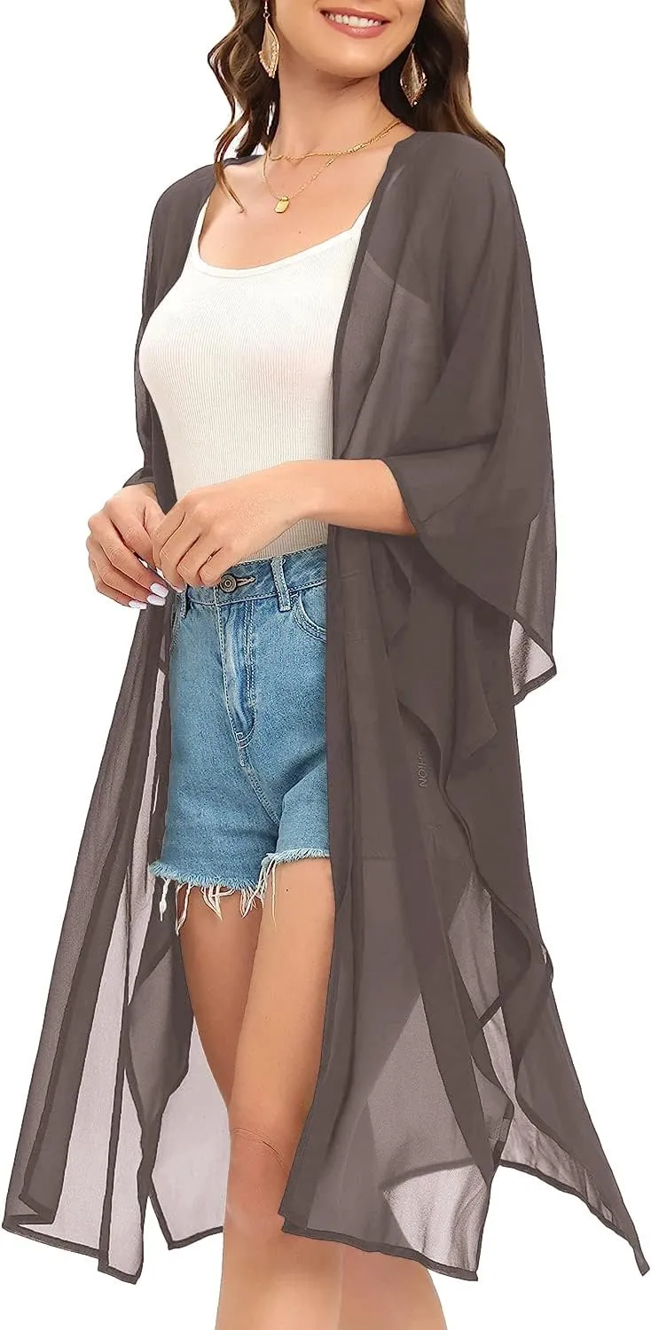 Indian Trendy Women's Solid Puff Sleeve Kimono Long Cardigan Loose Cover Up Casual Blouse Top Chiffon