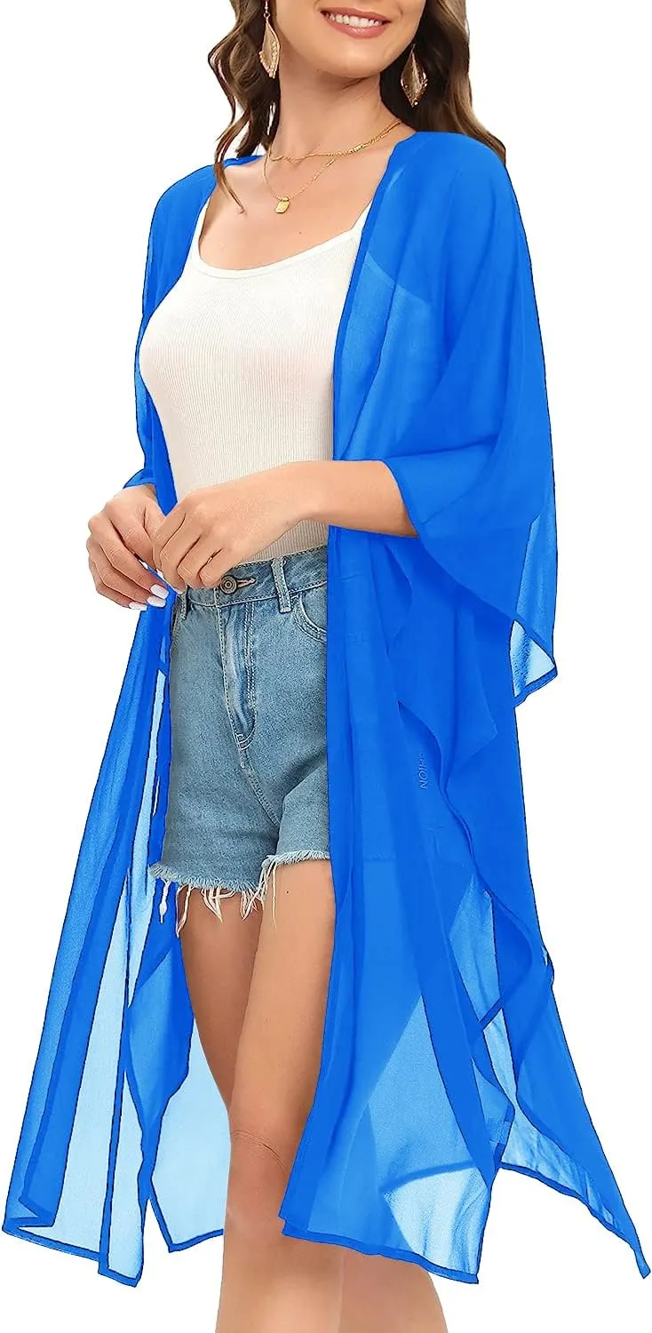 Indian Trendy Women's Solid Puff Sleeve Kimono Long Cardigan Loose Cover Up Casual Blouse Top Chiffon