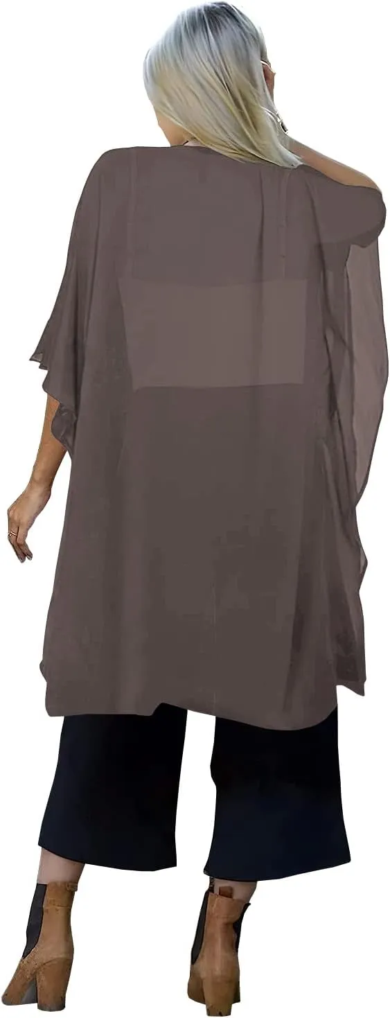 Indian Trendy Women's Solid Puff Sleeve Kimono Long Cardigan Loose Cover Up Casual Blouse Top Chiffon