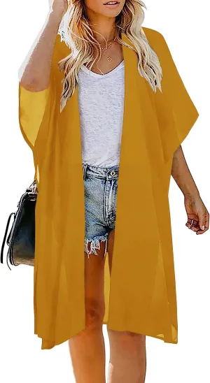 Indian Trendy Women's Solid Puff Sleeve Kimono Long Cardigan Loose Cover Up Casual Blouse Top Chiffon
