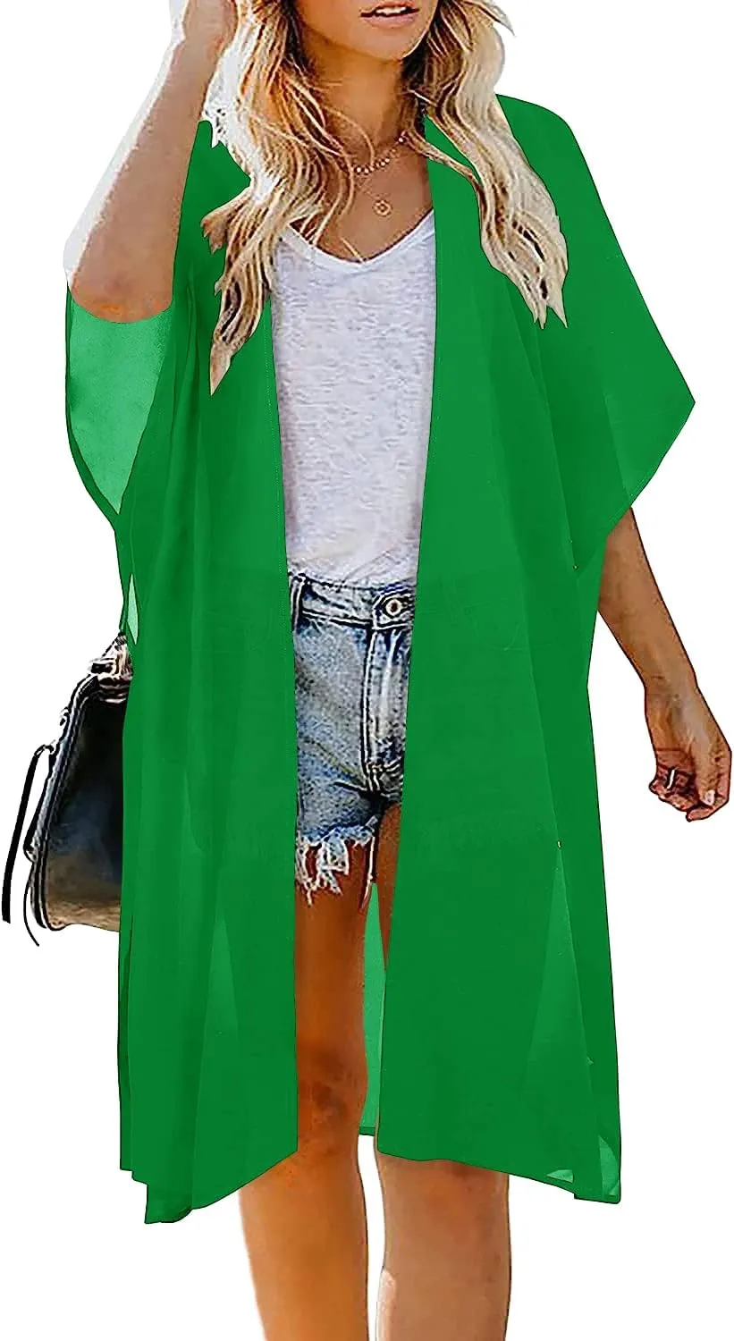 Indian Trendy Women's Solid Puff Sleeve Kimono Long Cardigan Loose Cover Up Casual Blouse Top Chiffon