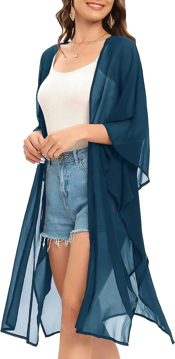 Indian Trendy Women's Solid Puff Sleeve Kimono Long Cardigan Loose Cover Up Casual Blouse Top Chiffon