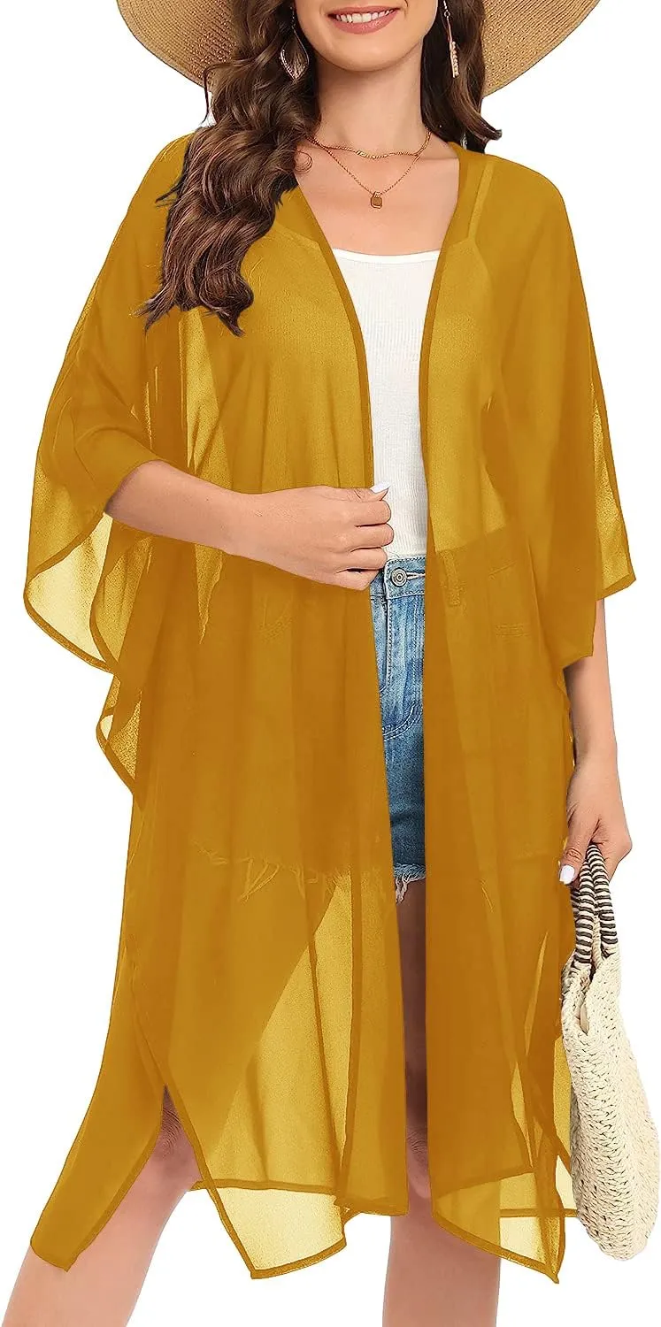 Indian Trendy Women's Solid Puff Sleeve Kimono Long Cardigan Loose Cover Up Casual Blouse Top Chiffon