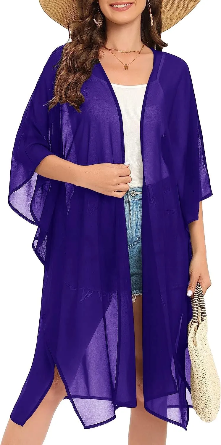 Indian Trendy Women's Solid Puff Sleeve Kimono Long Cardigan Loose Cover Up Casual Blouse Top Chiffon