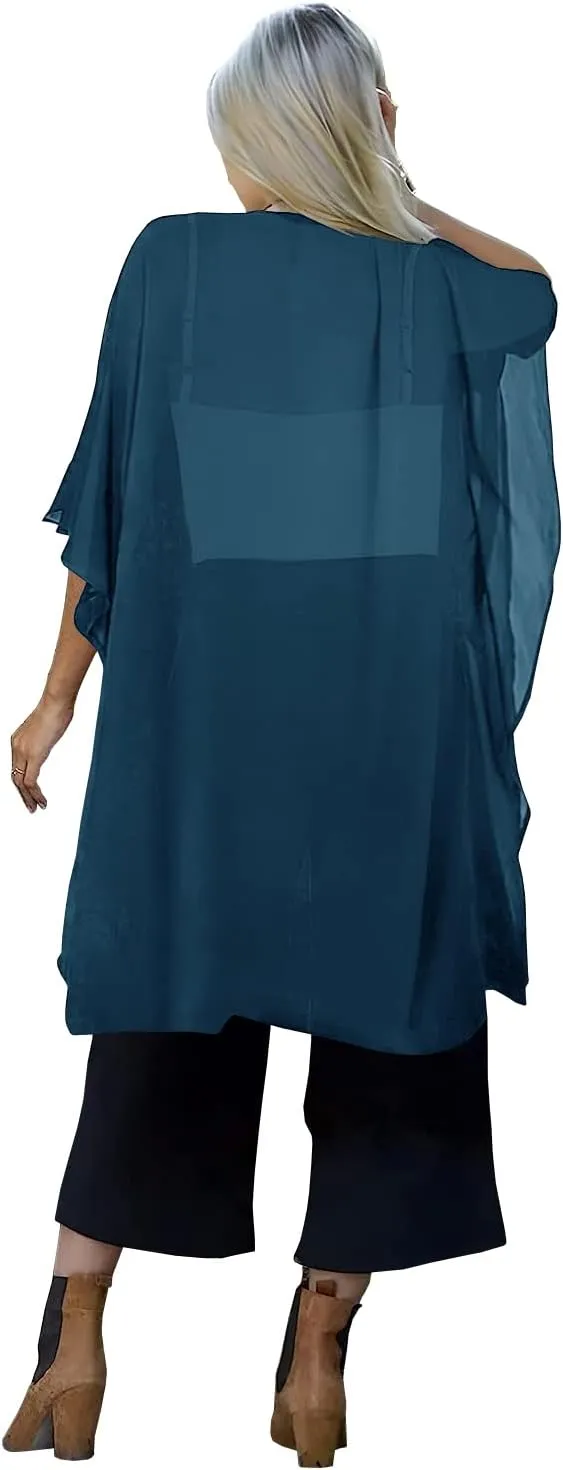 Indian Trendy Women's Solid Puff Sleeve Kimono Long Cardigan Loose Cover Up Casual Blouse Top Chiffon