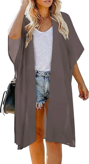 Indian Trendy Women's Solid Puff Sleeve Kimono Long Cardigan Loose Cover Up Casual Blouse Top Chiffon