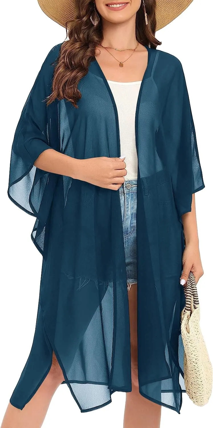 Indian Trendy Women's Solid Puff Sleeve Kimono Long Cardigan Loose Cover Up Casual Blouse Top Chiffon