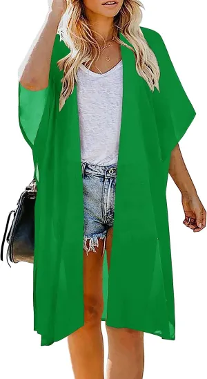 Indian Trendy Women's Solid Puff Sleeve Kimono Long Cardigan Loose Cover Up Casual Blouse Top Chiffon