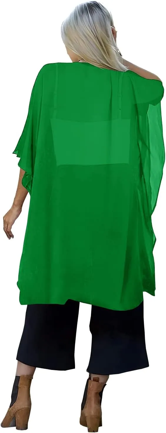 Indian Trendy Women's Solid Puff Sleeve Kimono Long Cardigan Loose Cover Up Casual Blouse Top Chiffon