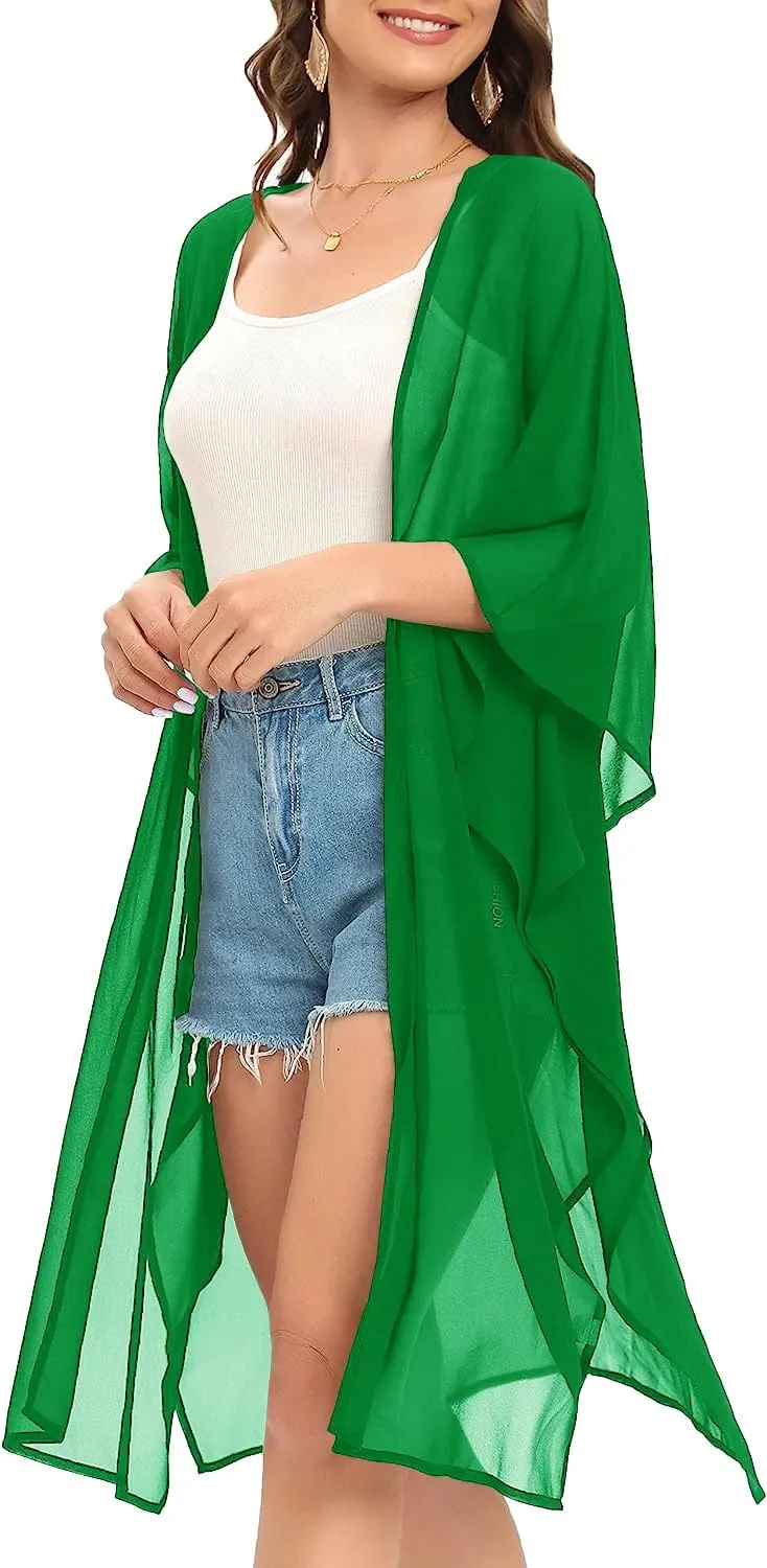 Indian Trendy Women's Solid Puff Sleeve Kimono Long Cardigan Loose Cover Up Casual Blouse Top Chiffon