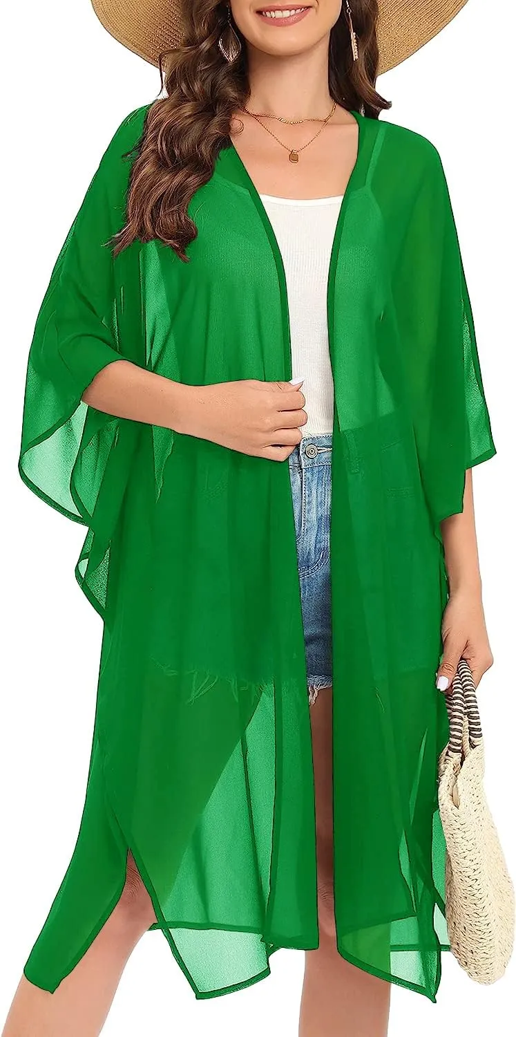 Indian Trendy Women's Solid Puff Sleeve Kimono Long Cardigan Loose Cover Up Casual Blouse Top Chiffon