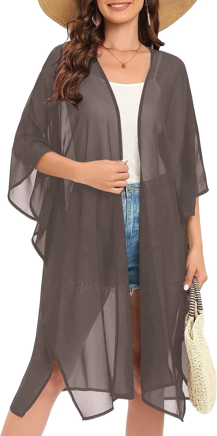 Indian Trendy Women's Solid Puff Sleeve Kimono Long Cardigan Loose Cover Up Casual Blouse Top Chiffon