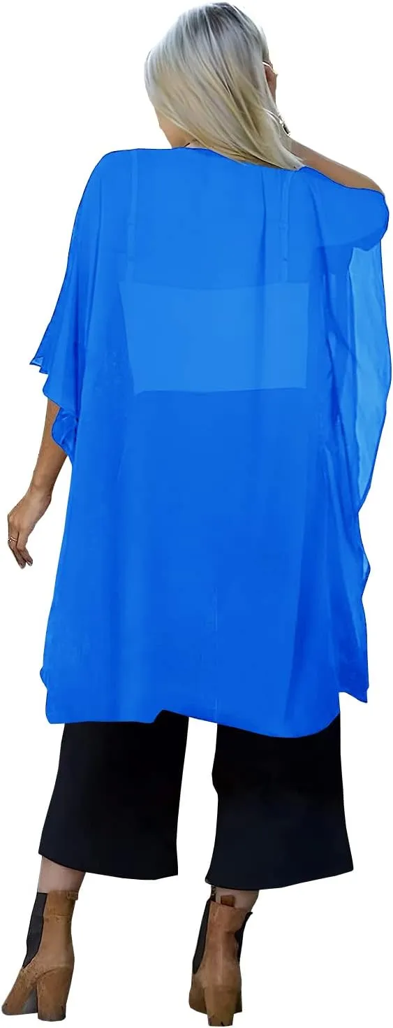 Indian Trendy Women's Solid Puff Sleeve Kimono Long Cardigan Loose Cover Up Casual Blouse Top Chiffon