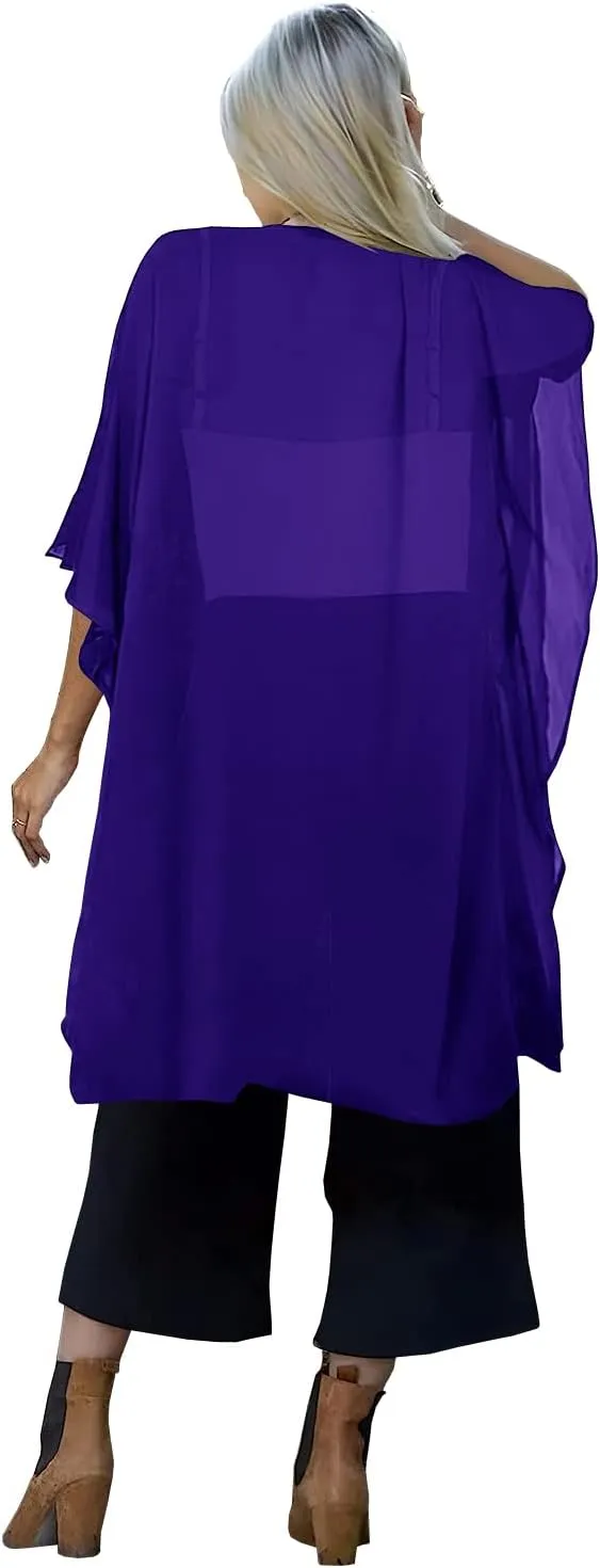 Indian Trendy Women's Solid Puff Sleeve Kimono Long Cardigan Loose Cover Up Casual Blouse Top Chiffon