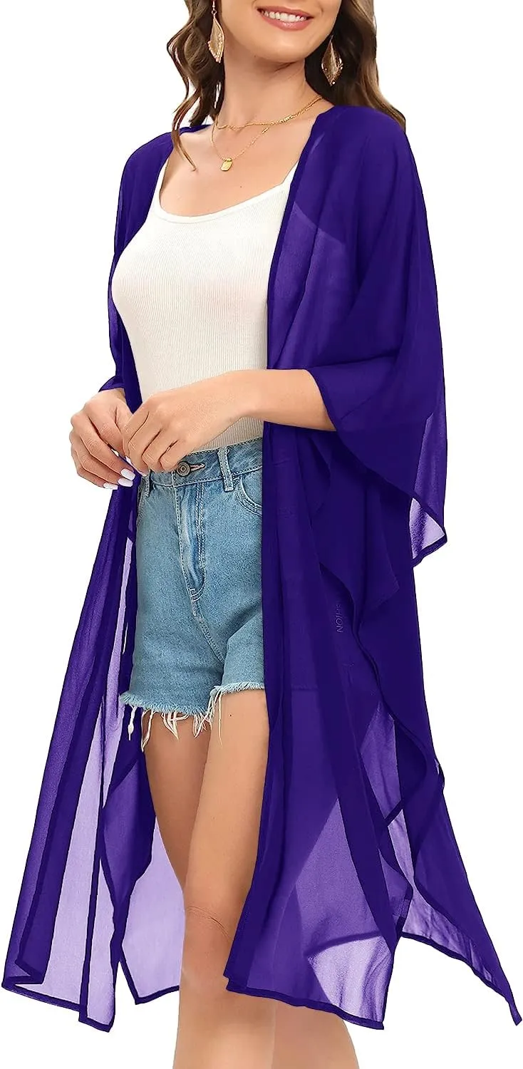 Indian Trendy Women's Solid Puff Sleeve Kimono Long Cardigan Loose Cover Up Casual Blouse Top Chiffon