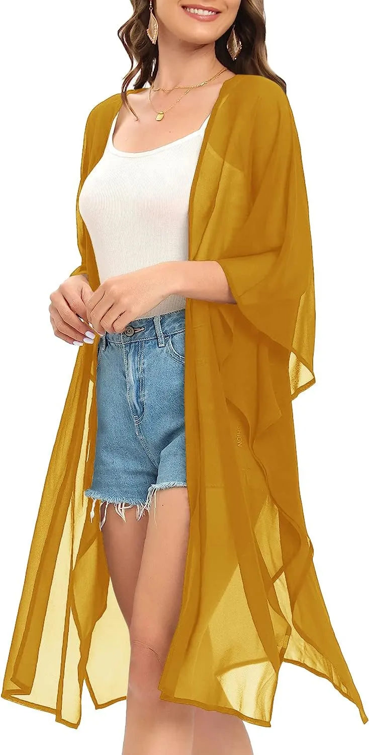 Indian Trendy Women's Solid Puff Sleeve Kimono Long Cardigan Loose Cover Up Casual Blouse Top Chiffon
