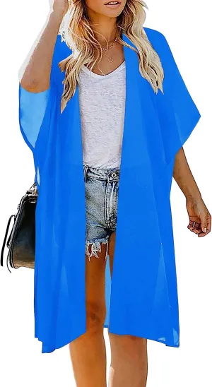 Indian Trendy Women's Solid Puff Sleeve Kimono Long Cardigan Loose Cover Up Casual Blouse Top Chiffon