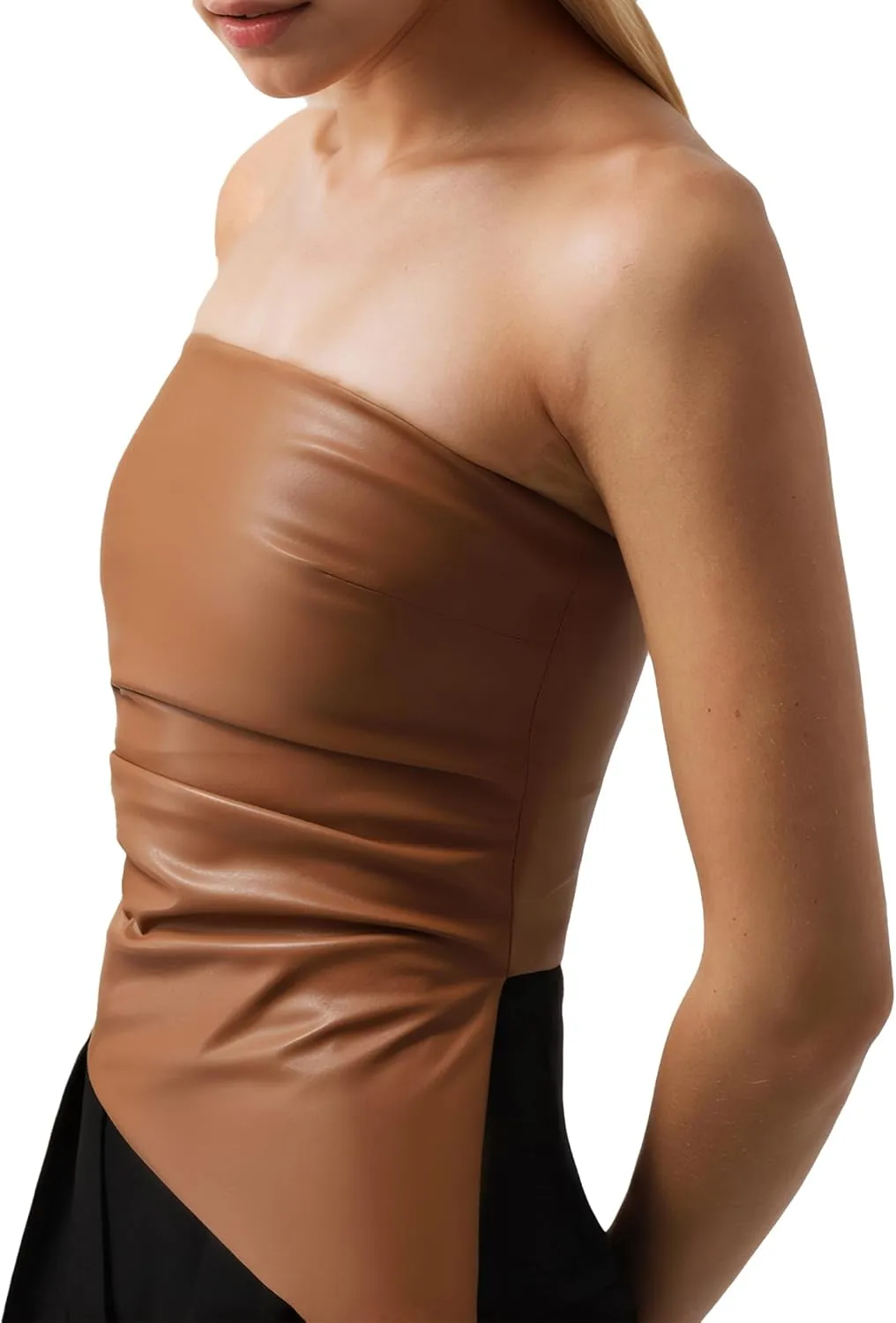 ISZPLUSH Womens Tube Cropped Camisole Tops Sexy Ruched Strapless PU Leather Club Party Y2K Going Out Outfit Bandeau