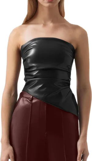 ISZPLUSH Womens Tube Cropped Camisole Tops Sexy Ruched Strapless PU Leather Club Party Y2K Going Out Outfit Bandeau