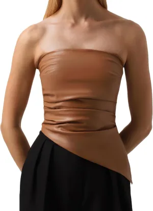 ISZPLUSH Womens Tube Cropped Camisole Tops Sexy Ruched Strapless PU Leather Club Party Y2K Going Out Outfit Bandeau