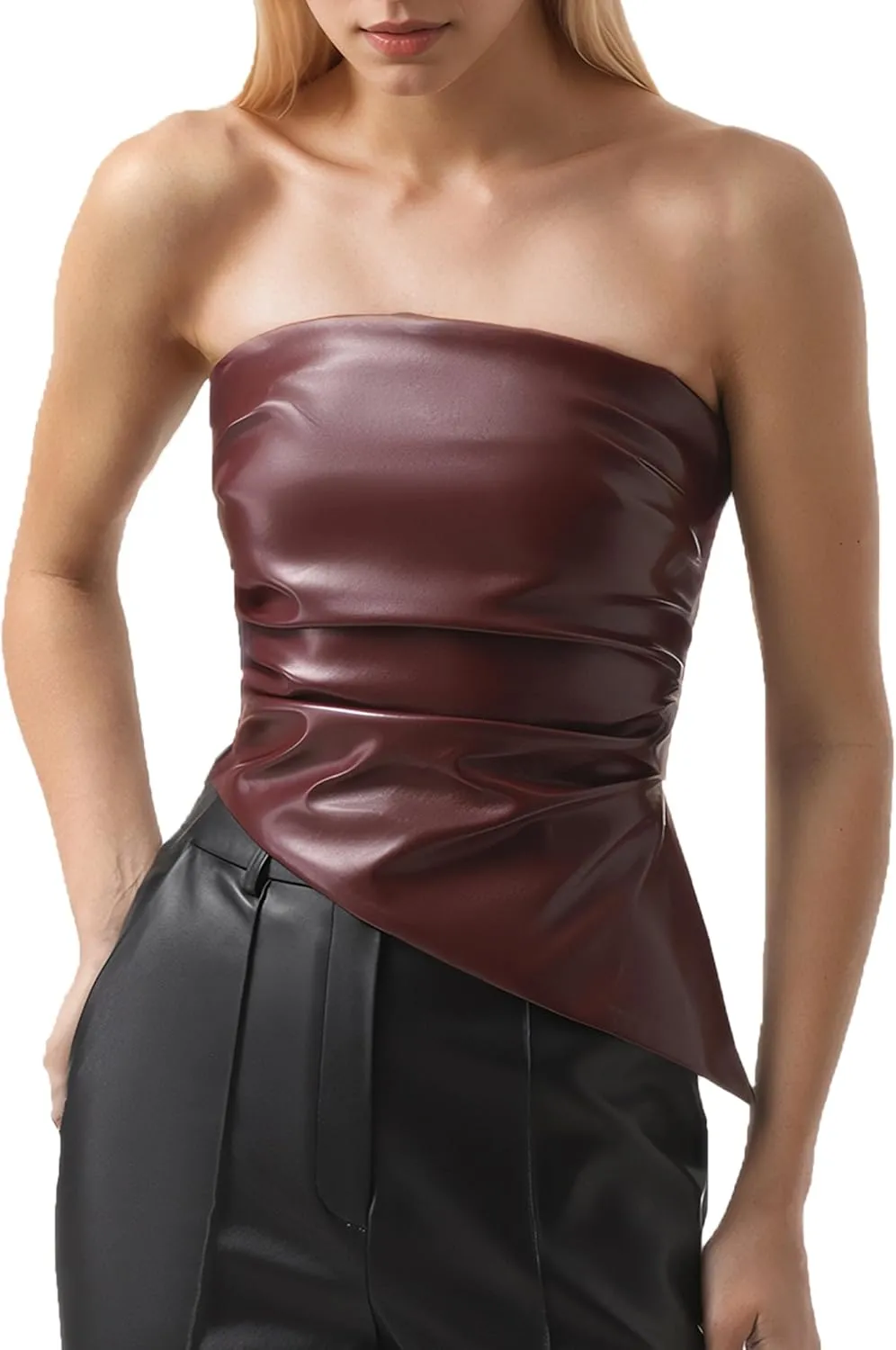 ISZPLUSH Womens Tube Cropped Camisole Tops Sexy Ruched Strapless PU Leather Club Party Y2K Going Out Outfit Bandeau