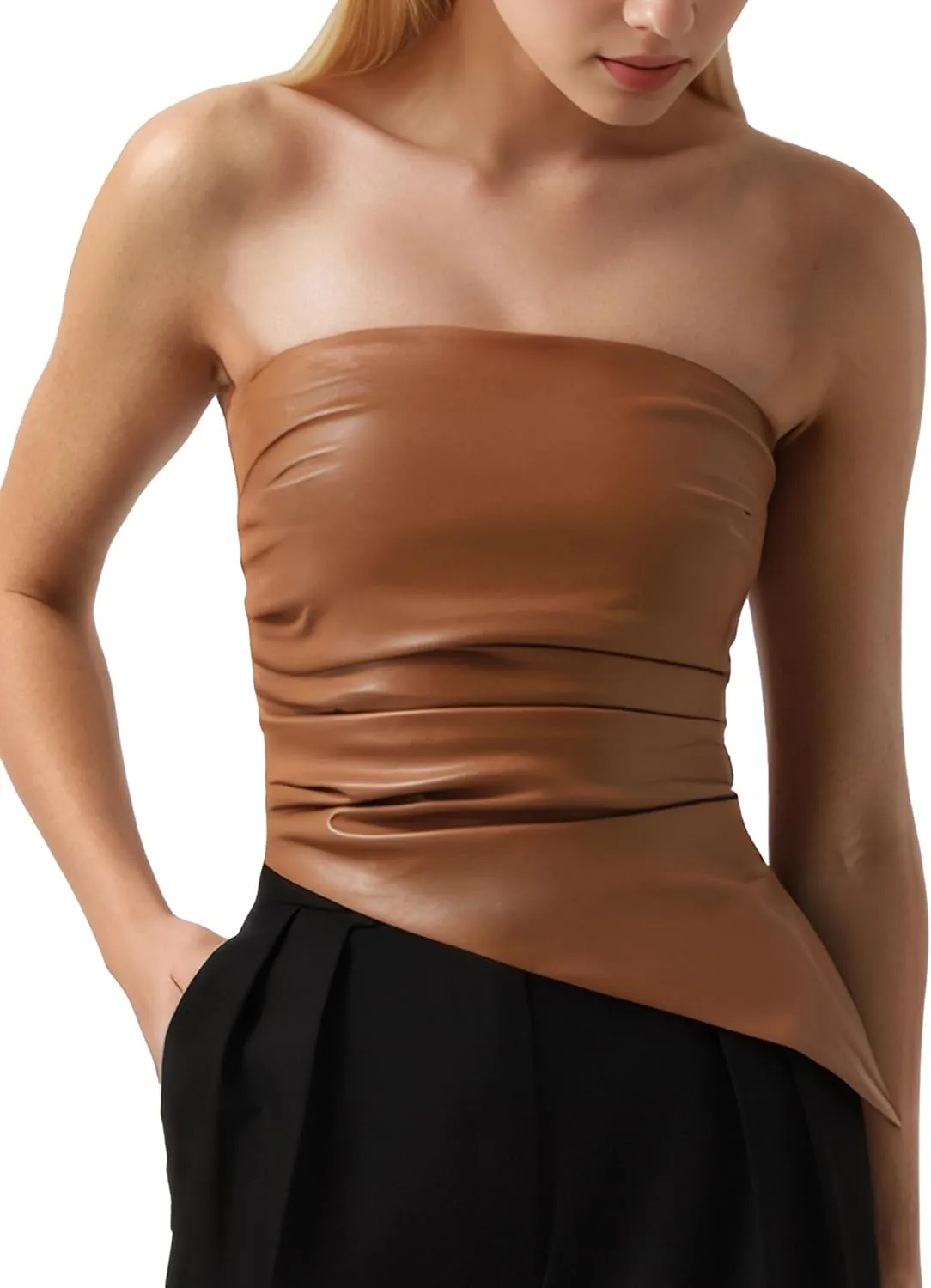 ISZPLUSH Womens Tube Cropped Camisole Tops Sexy Ruched Strapless PU Leather Club Party Y2K Going Out Outfit Bandeau