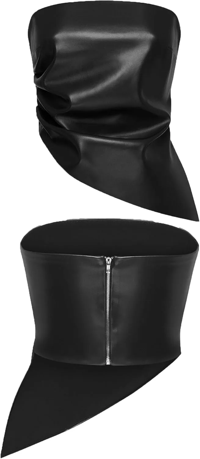 ISZPLUSH Womens Tube Cropped Camisole Tops Sexy Ruched Strapless PU Leather Club Party Y2K Going Out Outfit Bandeau
