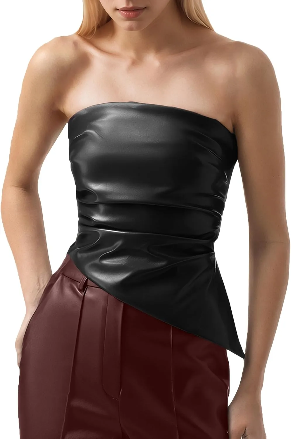 ISZPLUSH Womens Tube Cropped Camisole Tops Sexy Ruched Strapless PU Leather Club Party Y2K Going Out Outfit Bandeau