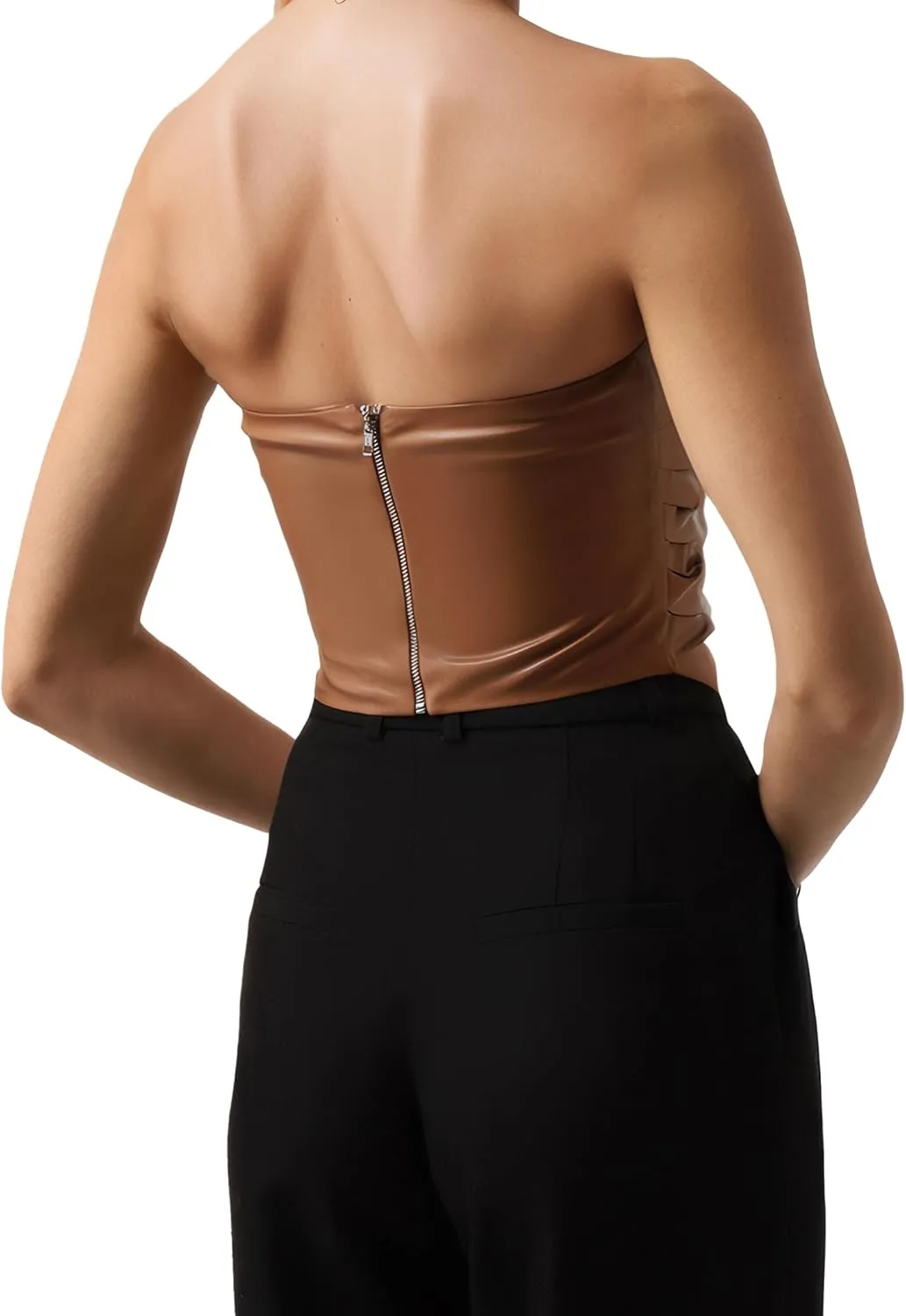ISZPLUSH Womens Tube Cropped Camisole Tops Sexy Ruched Strapless PU Leather Club Party Y2K Going Out Outfit Bandeau