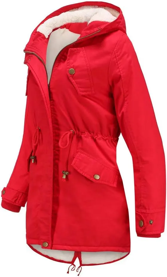Jiabing Women's Thick Cotton Padded Jackets Winter Hooded Windbreak Warm Long Sleeve Coat Fleece Liner Slim Fit Parkas