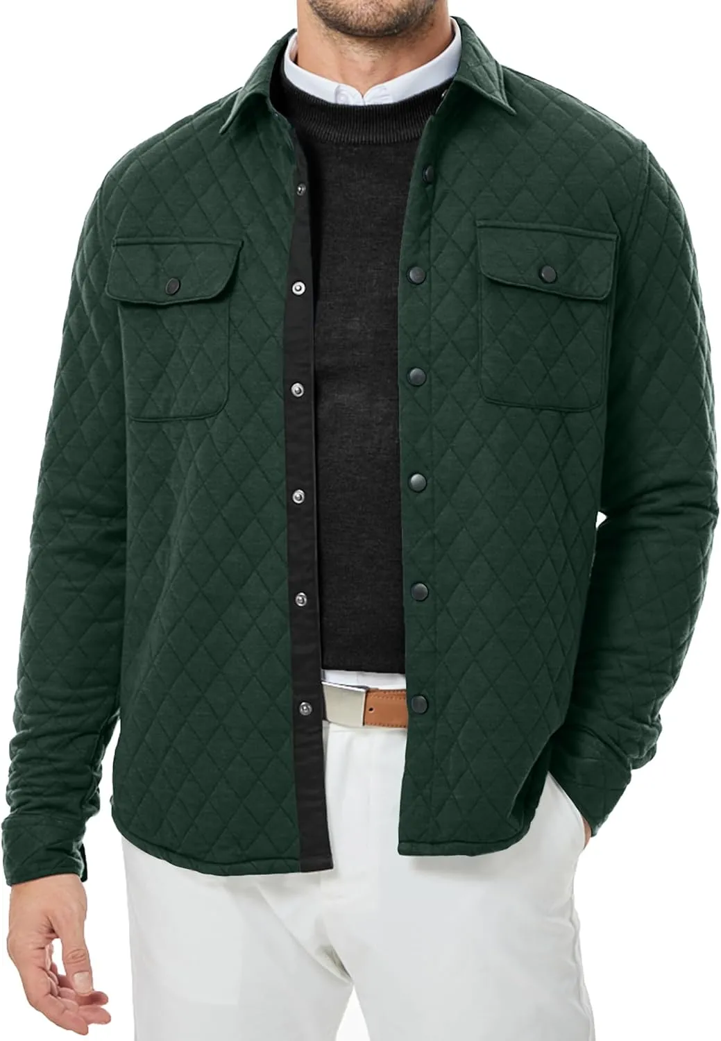 JMIERR Mens Quilted Shirt Jackets Casual Long Sleeve Snap Button Down Shirts with Pockets