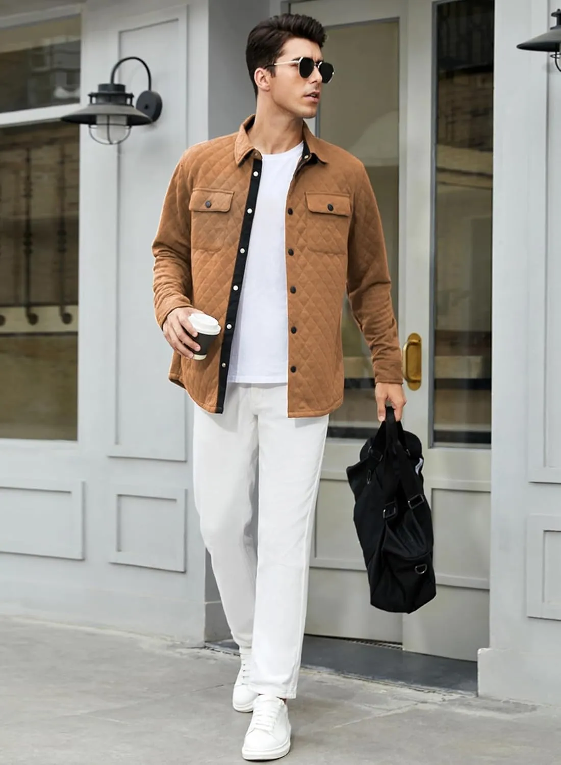 JMIERR Mens Quilted Shirt Jackets Casual Long Sleeve Snap Button Down Shirts with Pockets