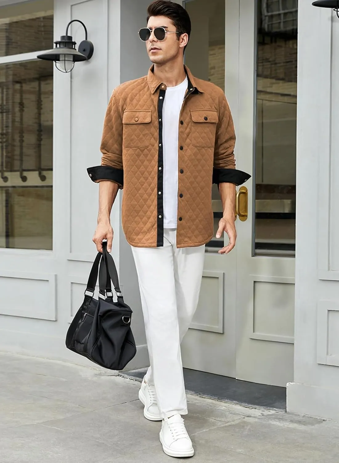 JMIERR Mens Quilted Shirt Jackets Casual Long Sleeve Snap Button Down Shirts with Pockets